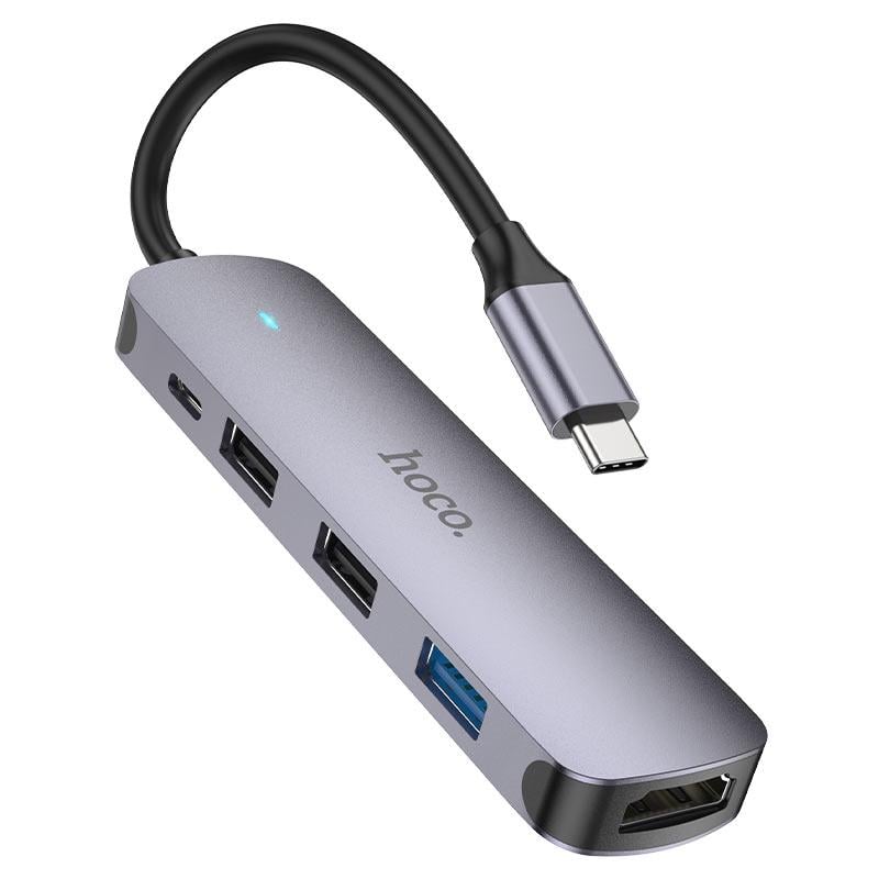 USB-хаб адаптер Hoco HB27 Type-C 4в1 60 W HDTV+3 USB 3,0+USB 2,0+PD Сірий (37562956923)