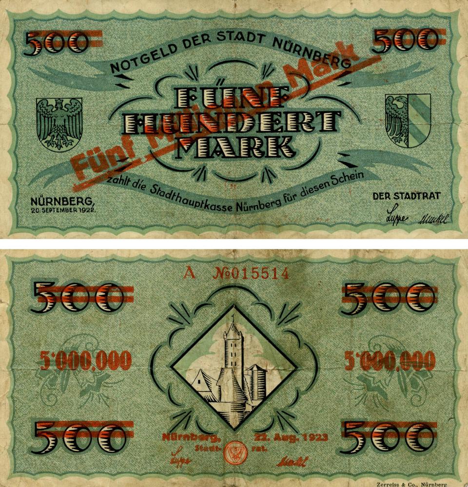 Коллекционная банкнота Германия Нотгельд 500 марок 1922 F-VF Нюрнберг Разновидновидность 1 (Б18859)