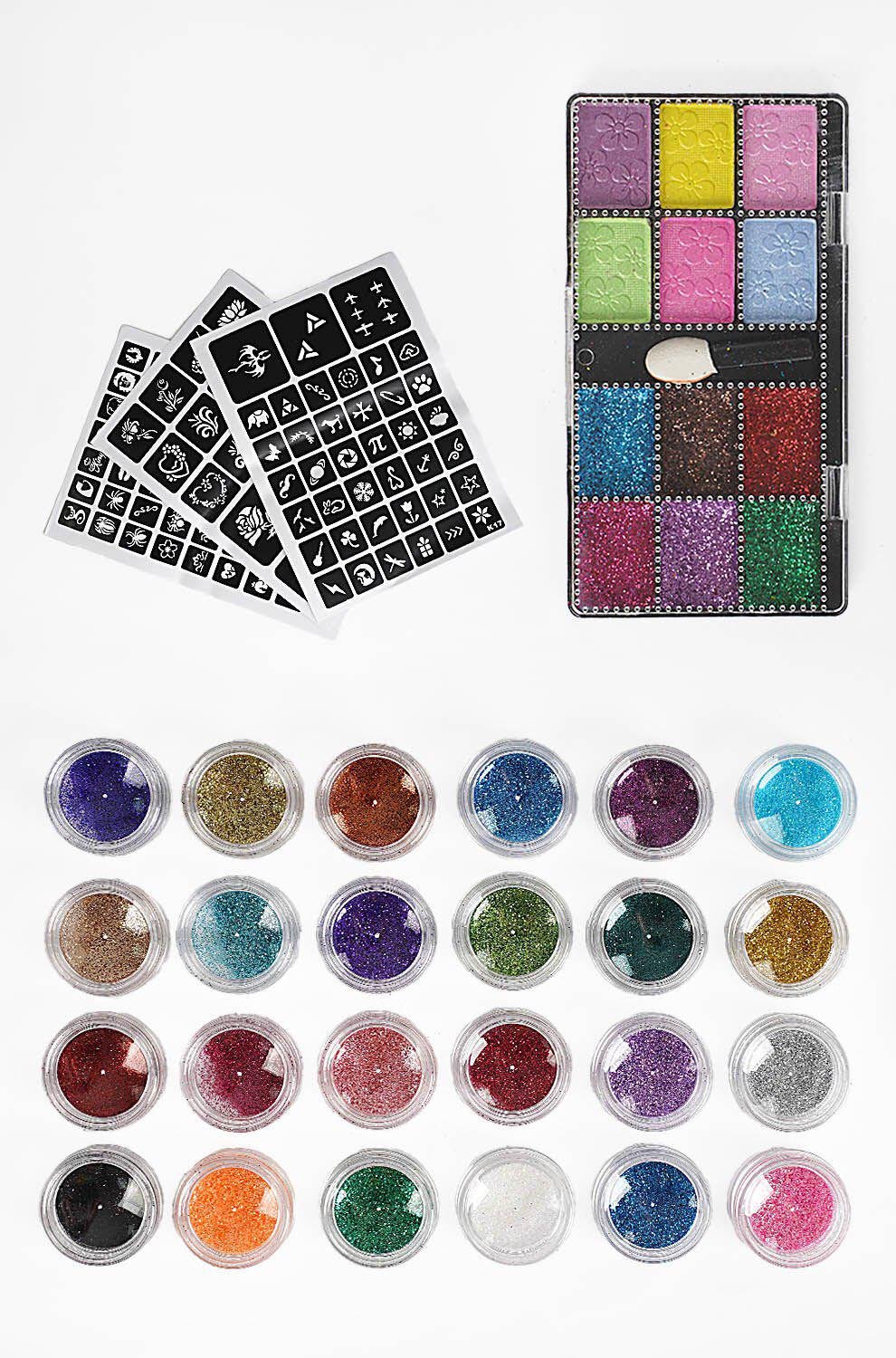 Дитячий набір для тату 764-21 24 кольори гліттера 2 пляшечки клею трафарети тіні - фото 2 Дитячий набір для тату 764-21 24 кольори гліттера 2 пляшечки клею трафарети тіні - фото 2