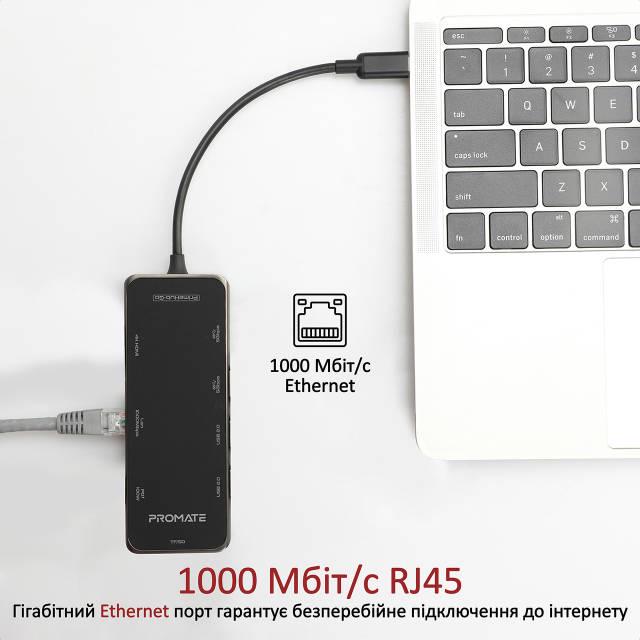 USB-C хаб 9в1 Promate PrimeHub-Go USB-C PD/HDMI/2xUSB 3.0/2xUSB 2.0/RJ45/SD/MicroSD Grey - фото 6