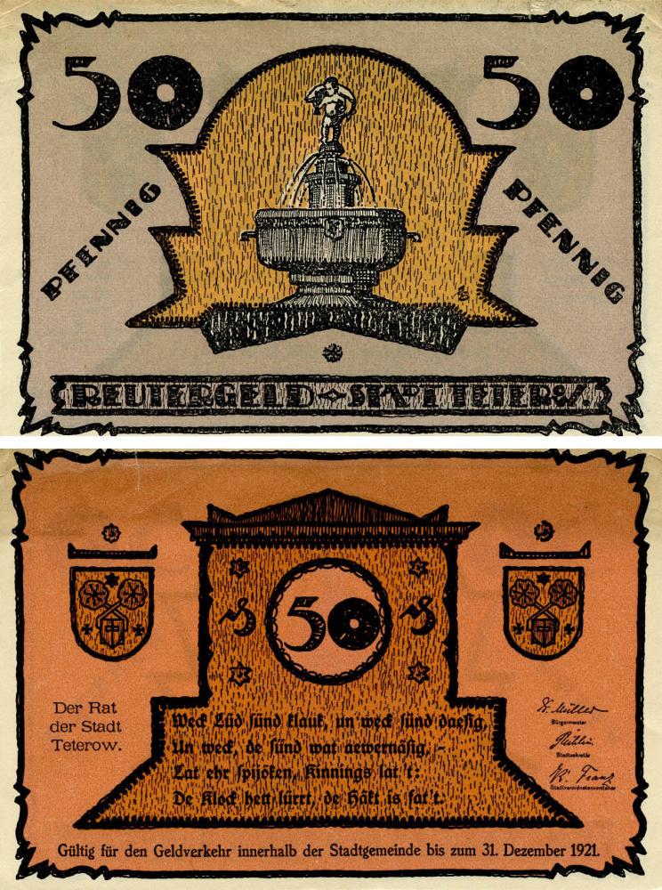 Коллекционная банкнота Германия Нотгельд 50 пфеннигов 1921 F-VF Тетеров (Б18683)