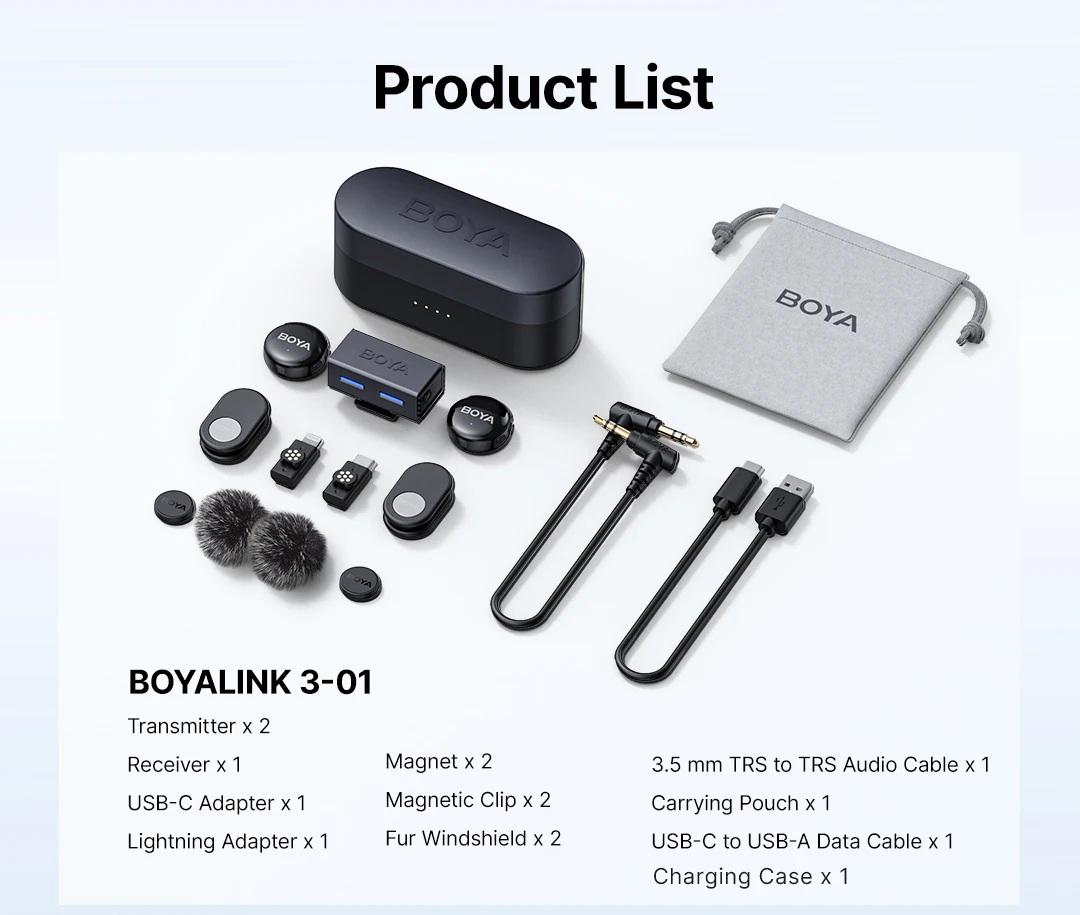 Микрофон петличный Boya LINK 3-01 2025 Lightning+Type-C+TRS 3,5 мм с зарядным кейсом для iPhone/Android/видеокамеры 2 шт. (50051) - фото 14 Микрофон петличный Boya LINK 3-01 2025 Lightning+Type-C+TRS 3,5 мм с зарядным кейсом для iPhone/Android/видеокамеры 2 шт. (50051) - фото 14