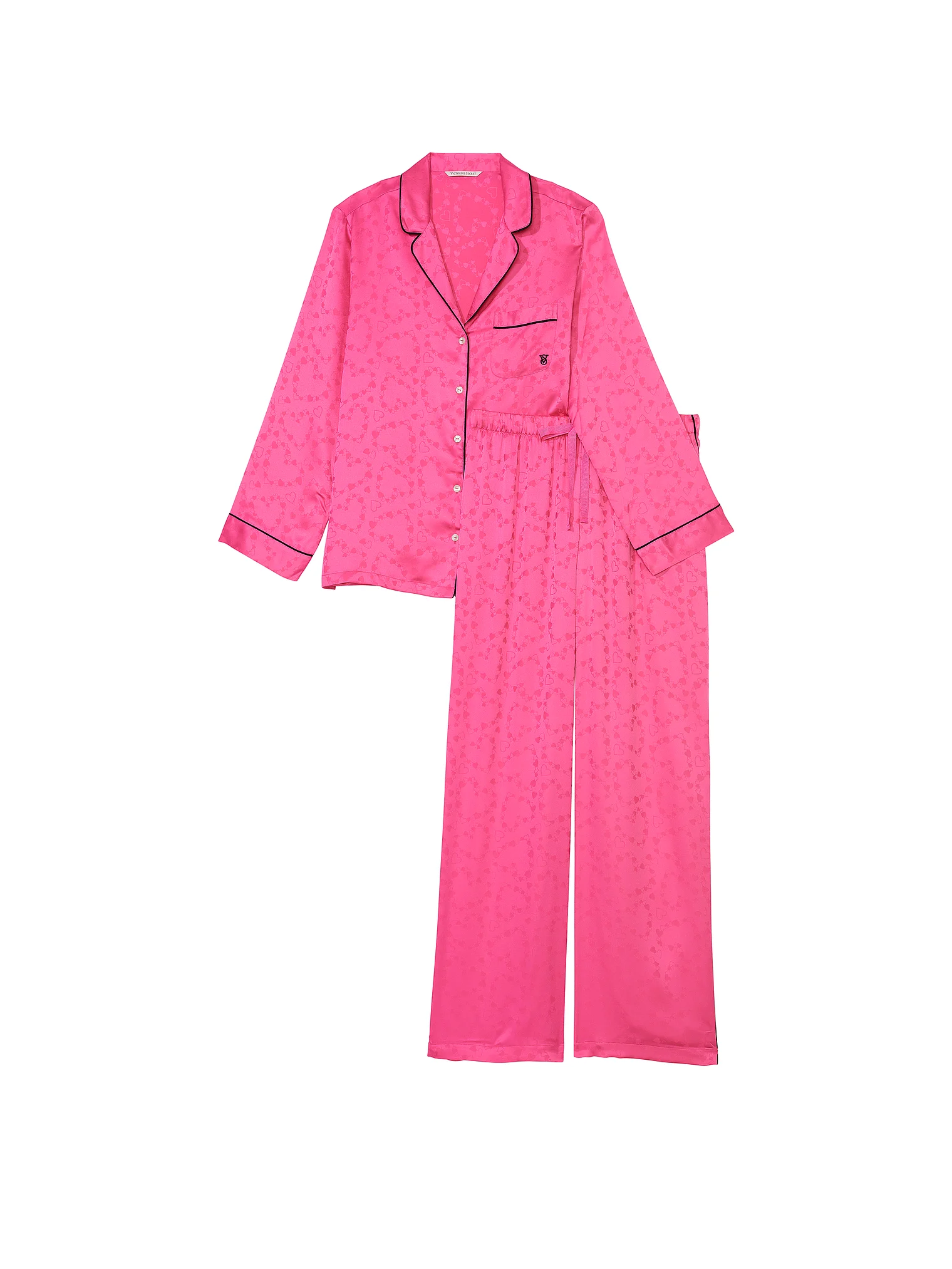 Піжама жіноча Victoria's Secret Satin Long Pajama Set сатинова в сердечка М Фуксія (15182616) - фото 3