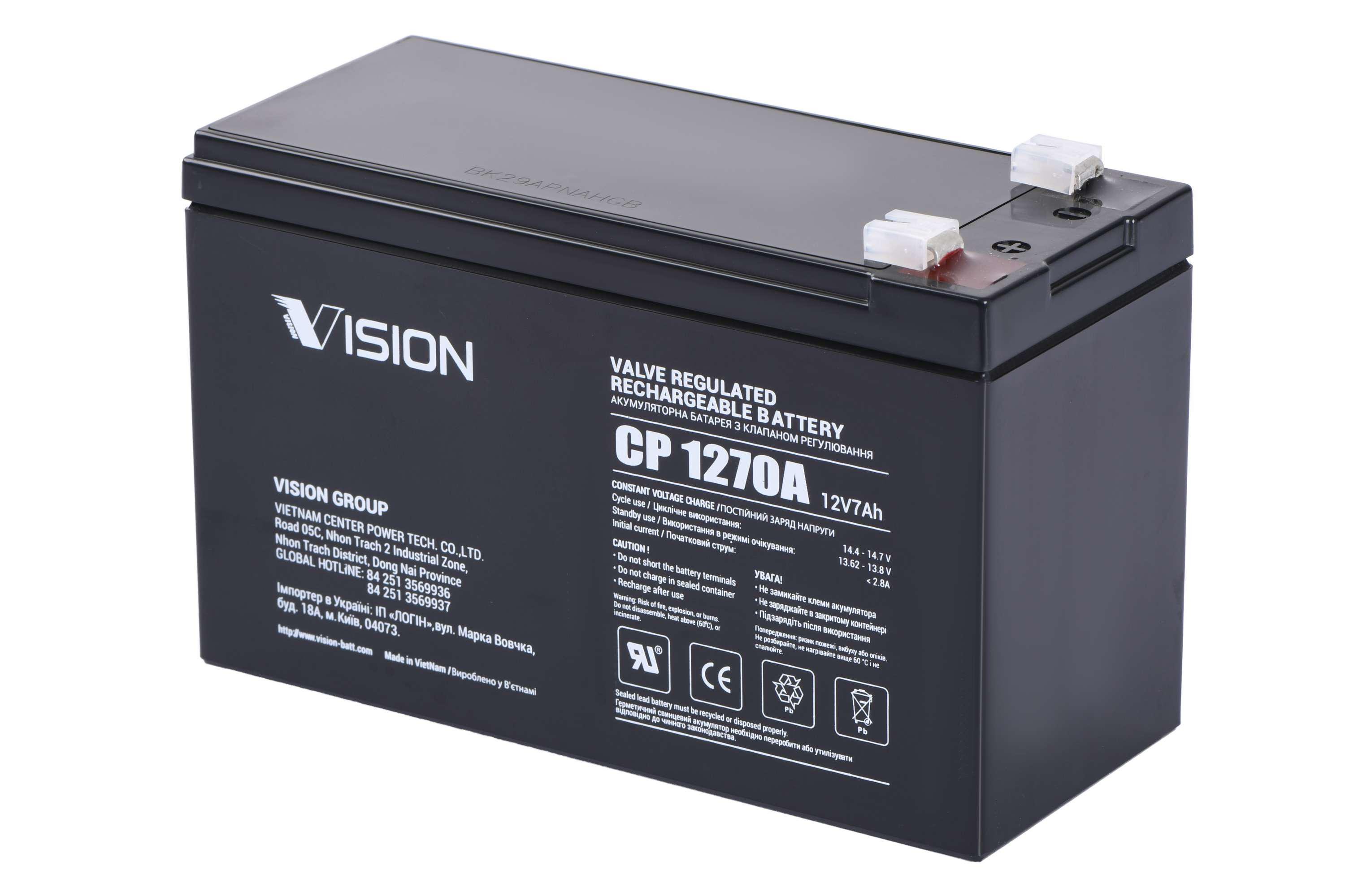 Батарея акумуляторна Vision CP 12V 7.0Ah AGM для систем безперебійного живлення (CP1270A) - фото 1