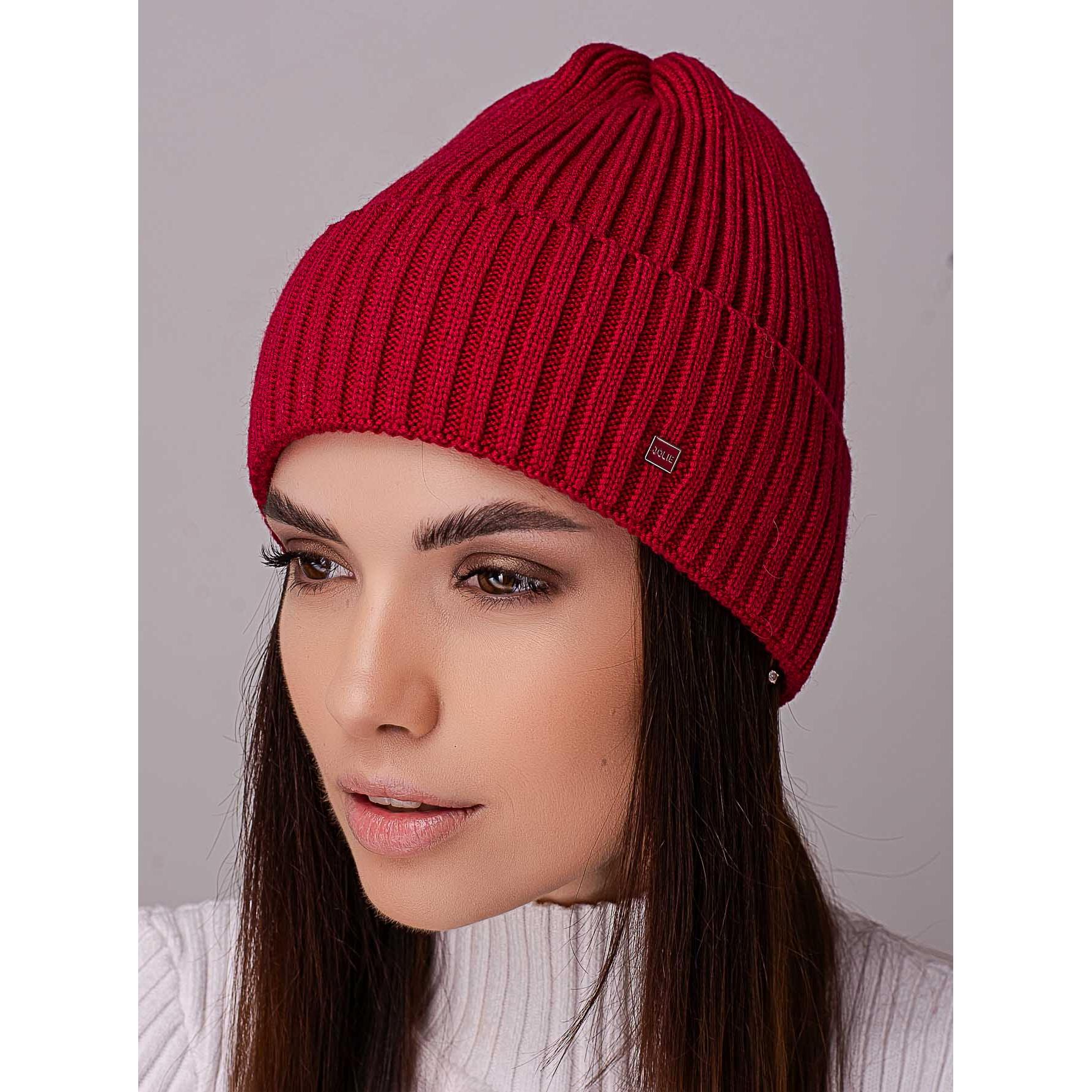 Шапка жіноча ковпак з відворотом без підкладки в широкий рубчик Leks Ковель Червоний - фото 1