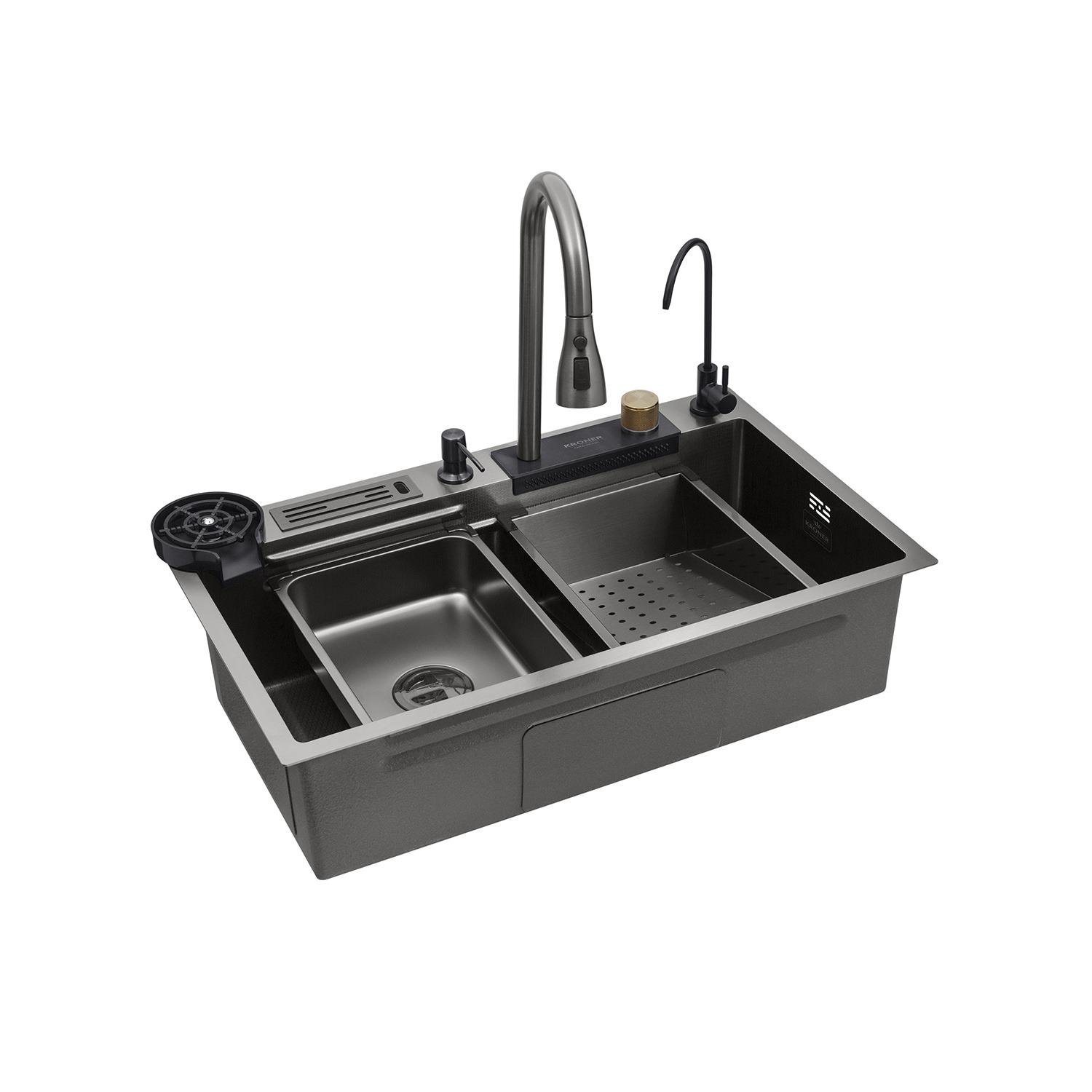 Мийка кухонна Kroner KRP Schwarze SET7545NB PVD з функцією миття склянок та змішувачем Чорний (23136562)