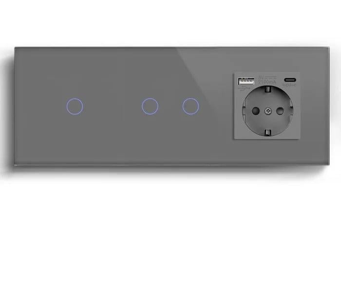 Выключатель умный LUXION проходной/сенсорный 3 сенсора 1-2 с розеткой USB A+C 20Вт с заземлением стекло Серый
