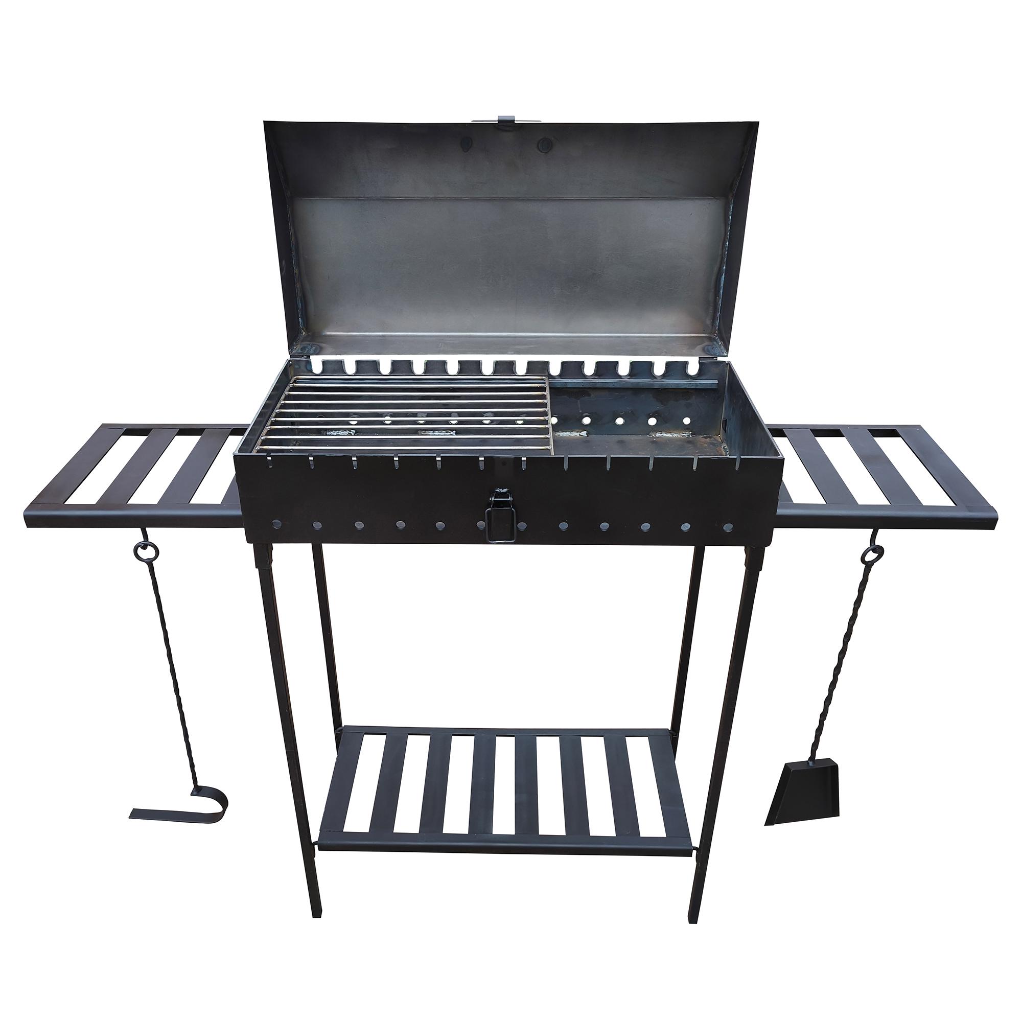 Мангал-барбекю с крышкой со съемными ножками и металлическими полками на 12 шампуров 3 мм