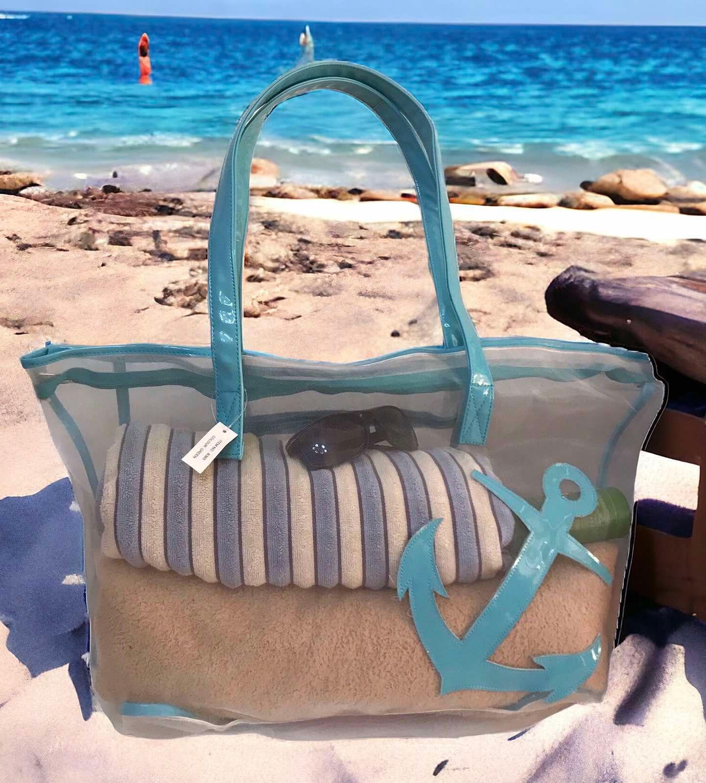 Сумка пляжная женская шопер синтетика сетка прозрачная на молнии Серый с бирюзовым (0366)