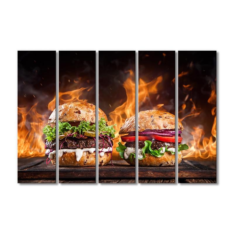 Картина модульная Бургеры в огне 5 модулей 70x105 см