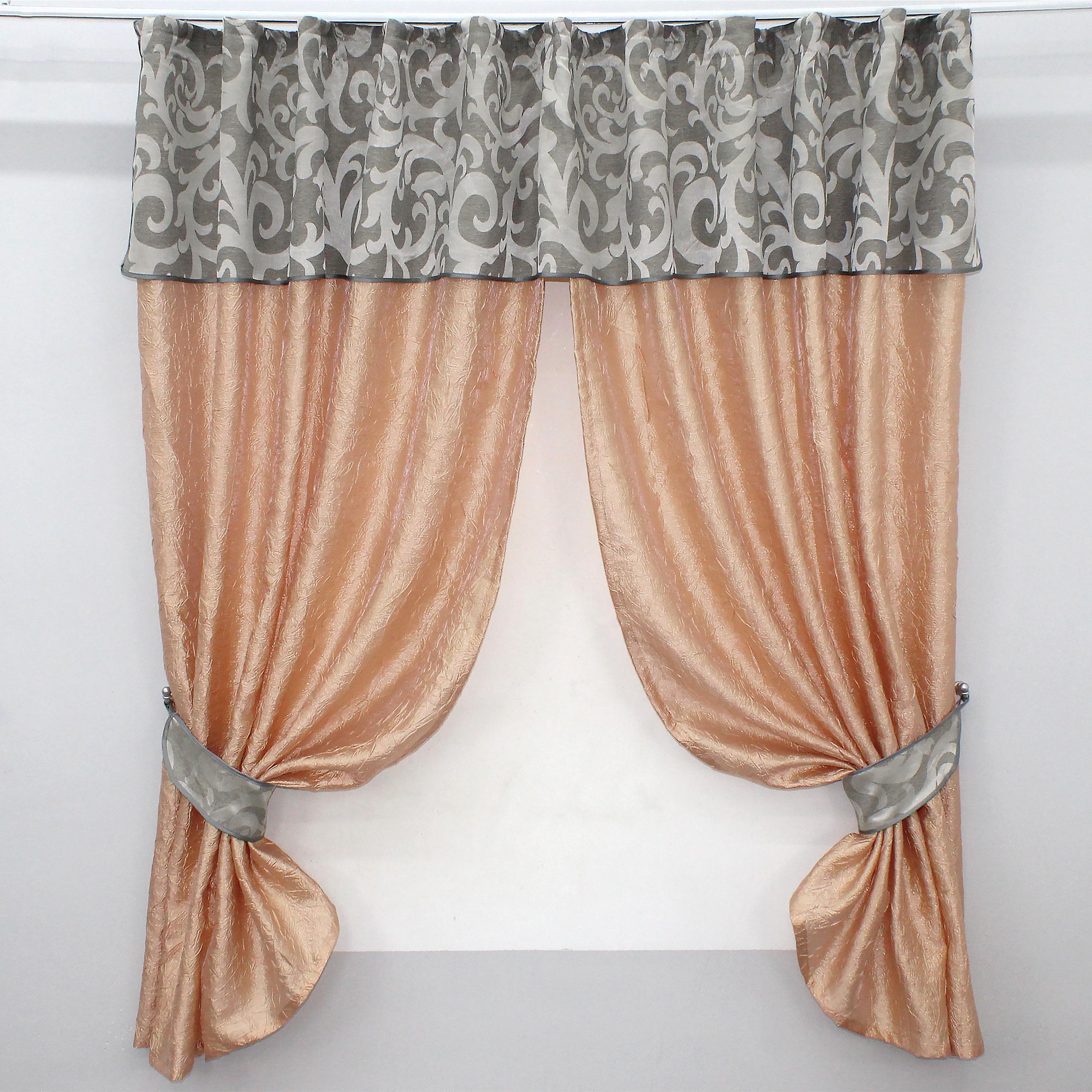 Шторы кухонные VR-Textil №073к с ламбрекеном и подхватами 270х170 см Персиковый/Серый (52-0144)