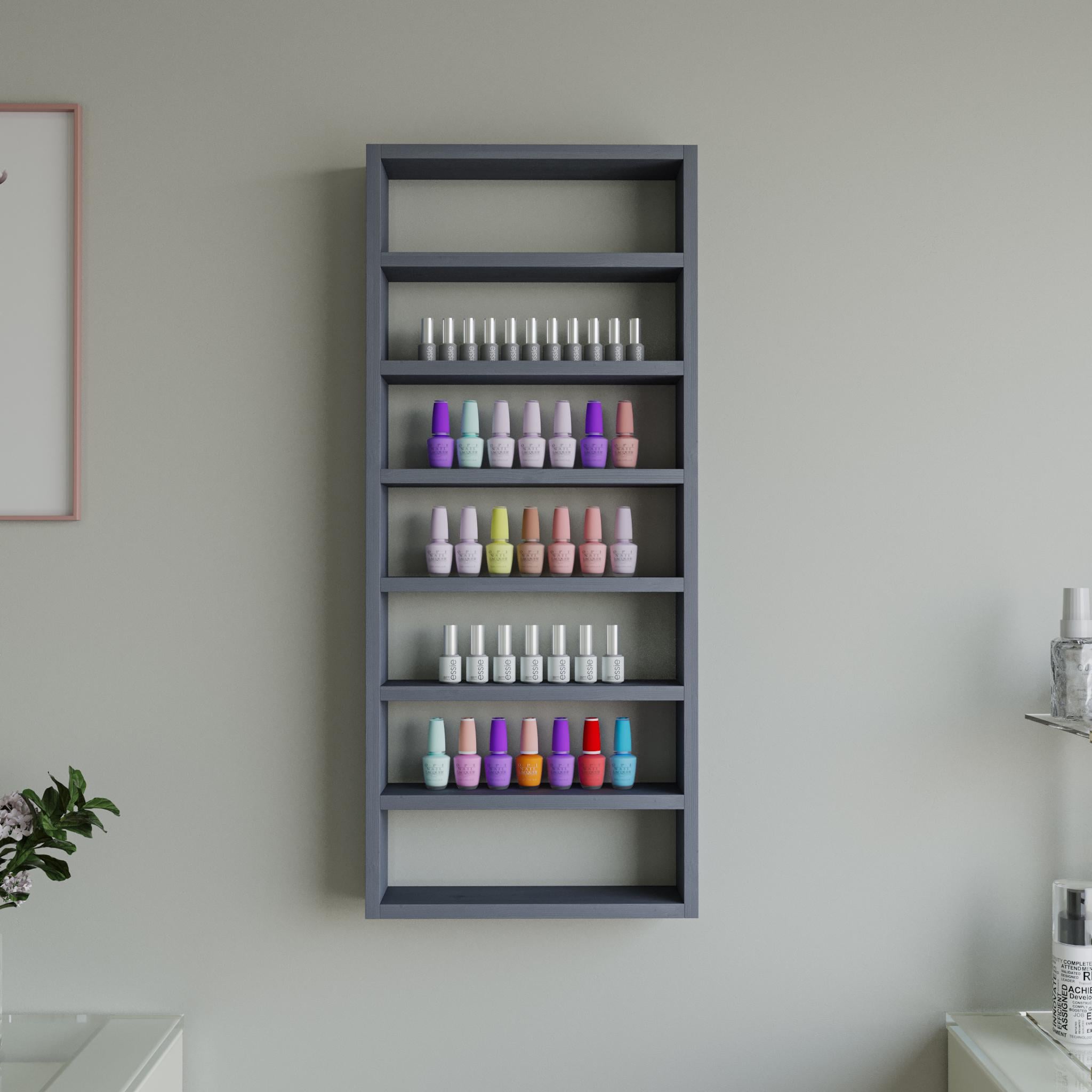 Полка навесная деревянная для студии/салона красоты 36х85х9 см на 7 ярусов Темно-серый (GL-3)