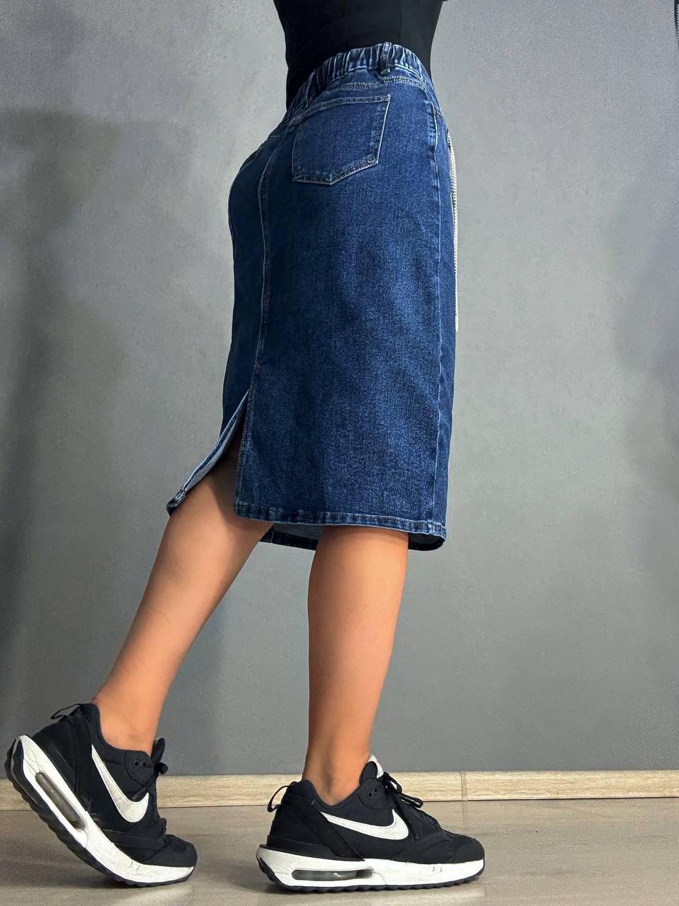 Юбка женская джинсовая Vanver 8237 резинка шнурок с разрезом вареная миди р. 34 Синий (4781) - фото 6