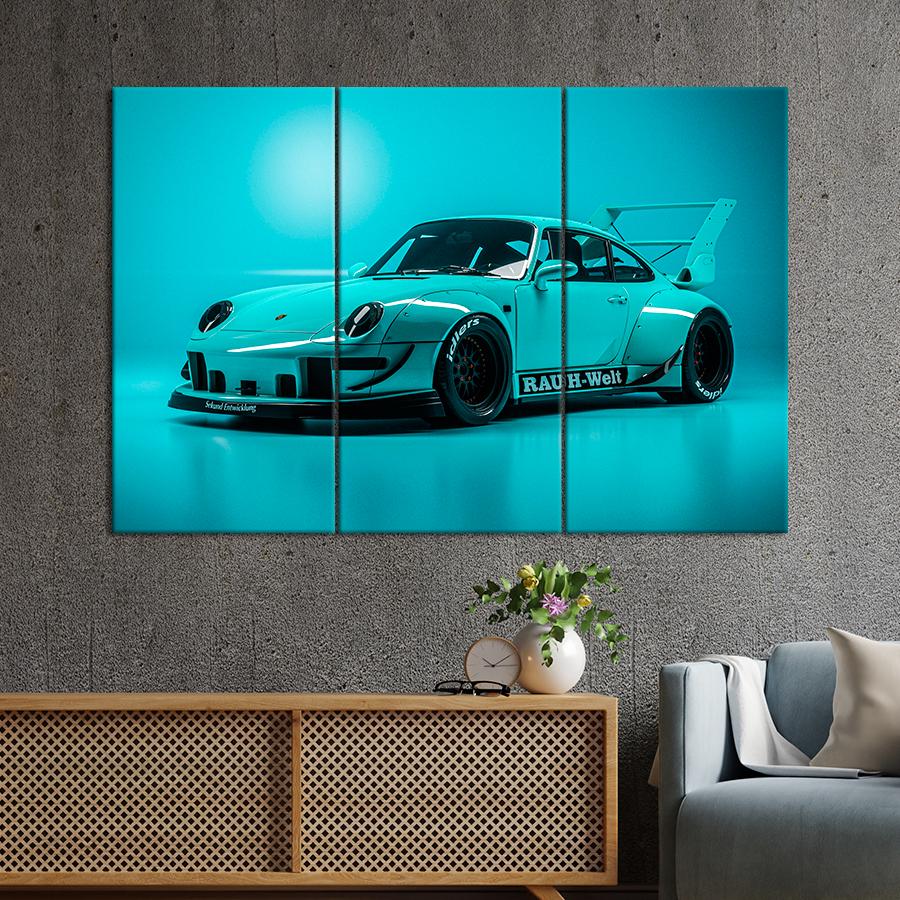 Картина Автомобиль Спорткар Ixo Porsche RWB 993 на голубом фоне 78x48 см (A1175-3)