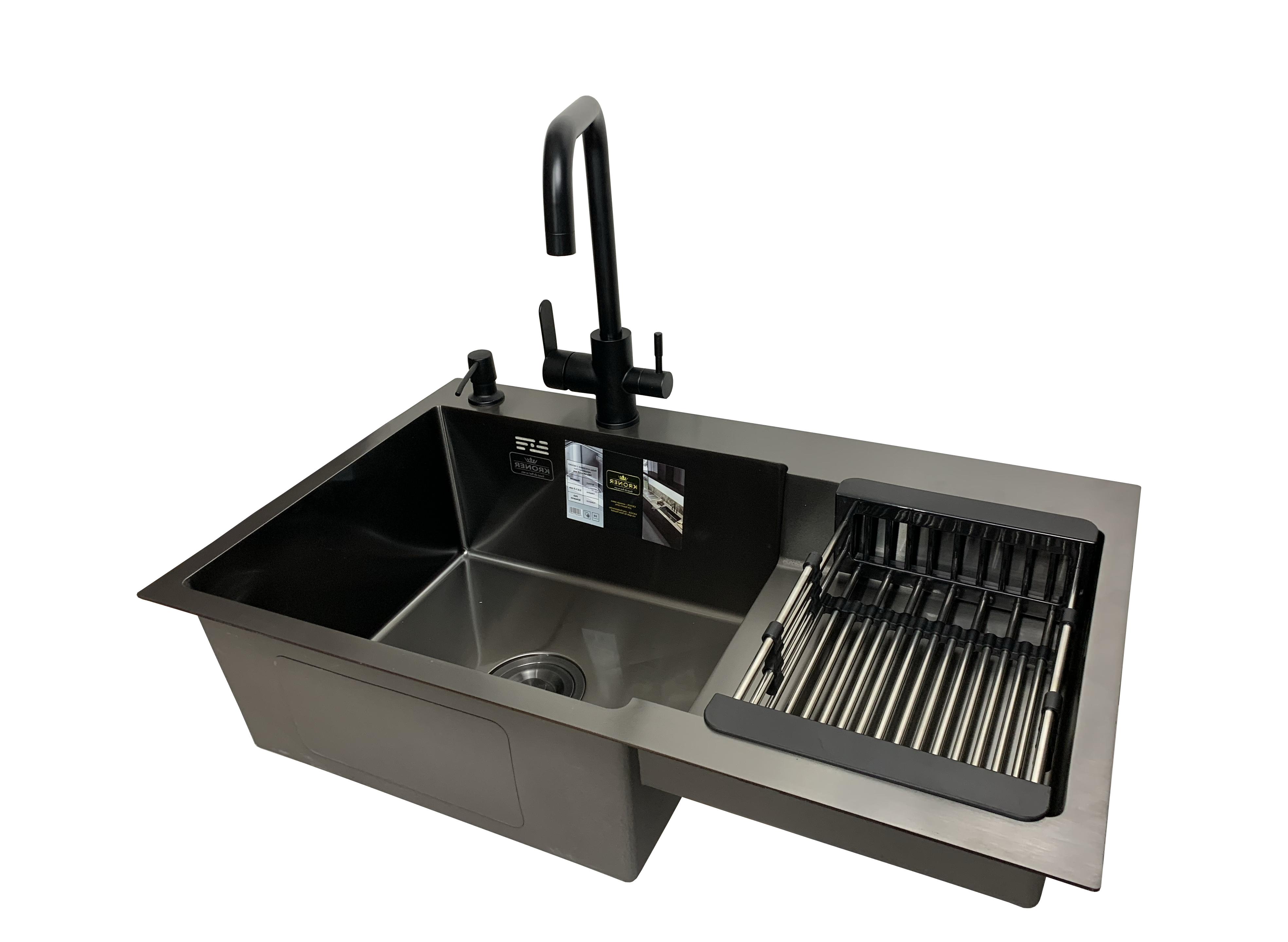 Мийка кухонна Kroner 78x48 см в чорному PVD чаша зліва + змішувач фільтр/кошик/дозатор