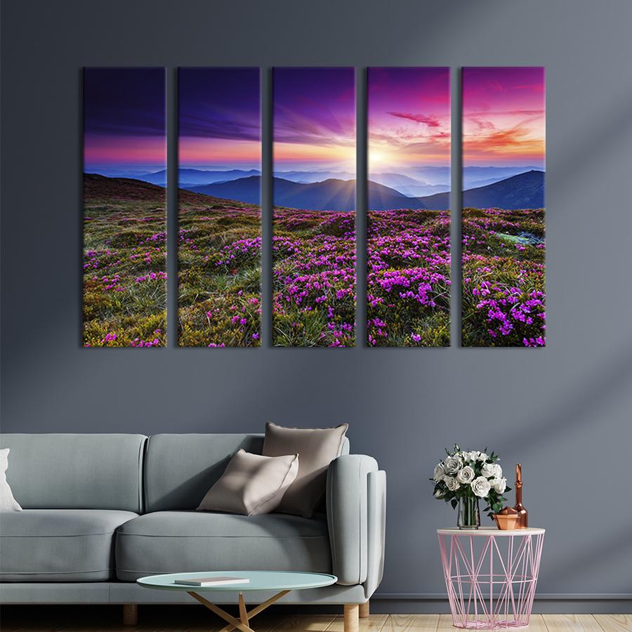Модульна картина із 5 частин на холсті інтер'єрна картина Гірський пейзаж з рододендроном 132x80 см (570-51)