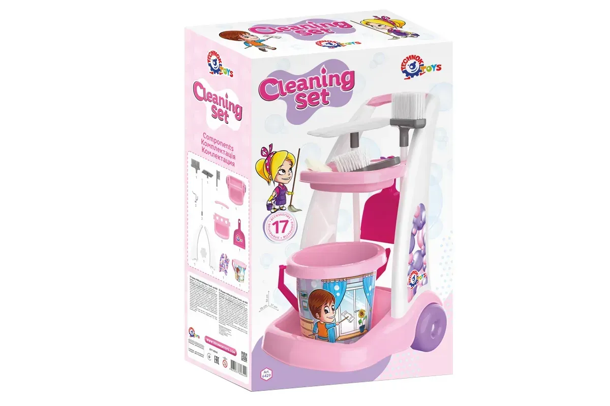 Дитячий ігровий набір ТехноК Набір для прибирання на візку з пластику 54,5х37х37 см Рожевий (150-98-TH6429) - фото 4 Дитячий ігровий набір ТехноК Набір для прибирання на візку з пластику 54,5х37х37 см Рожевий (150-98-TH6429) - фото 4