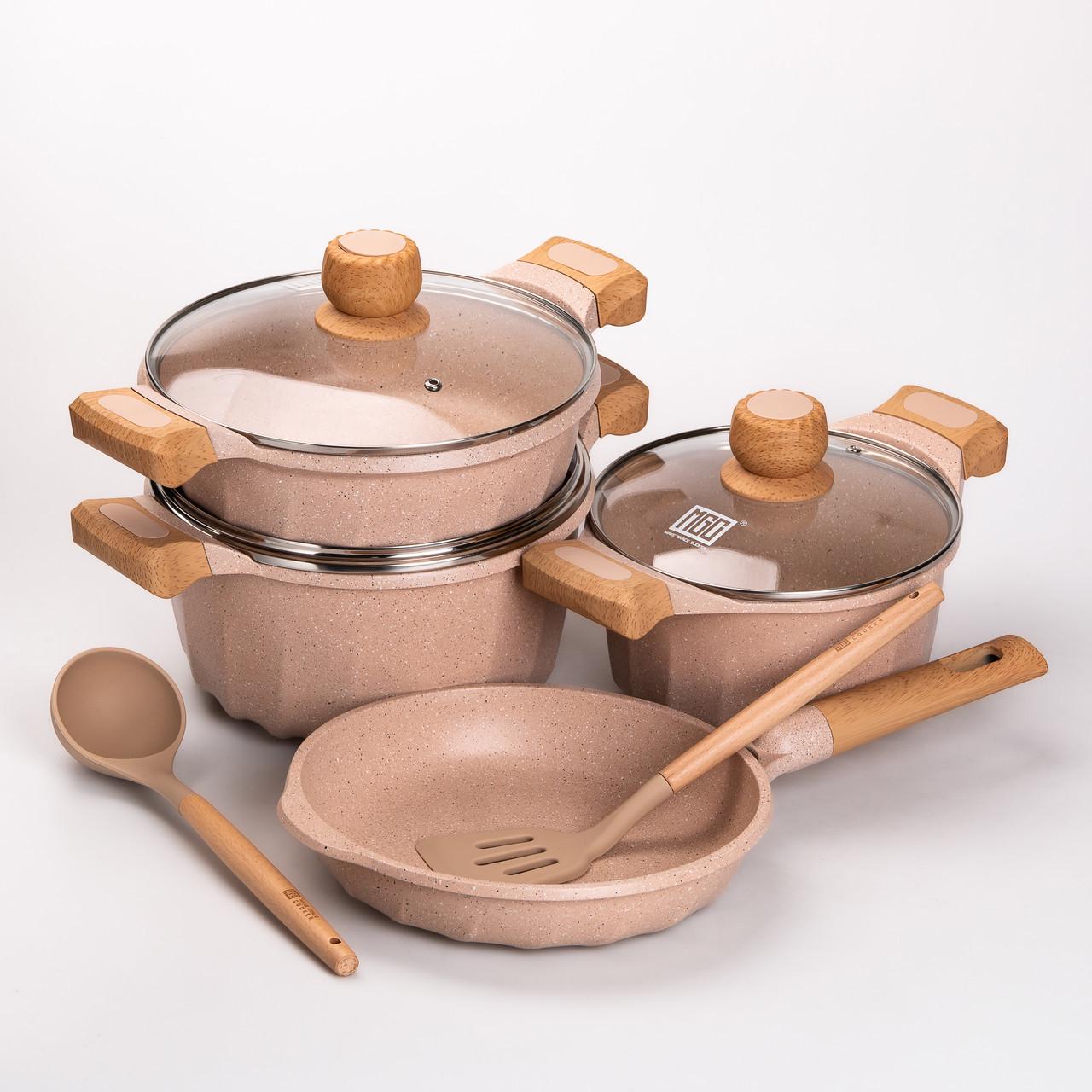 Набор посуды кастрюли 3 шт./сковорода MGC/лопатка/половник Бежевый - фото 4 Набор посуды кастрюли 3 шт./сковорода MGC/лопатка/половник Бежевый - фото 4