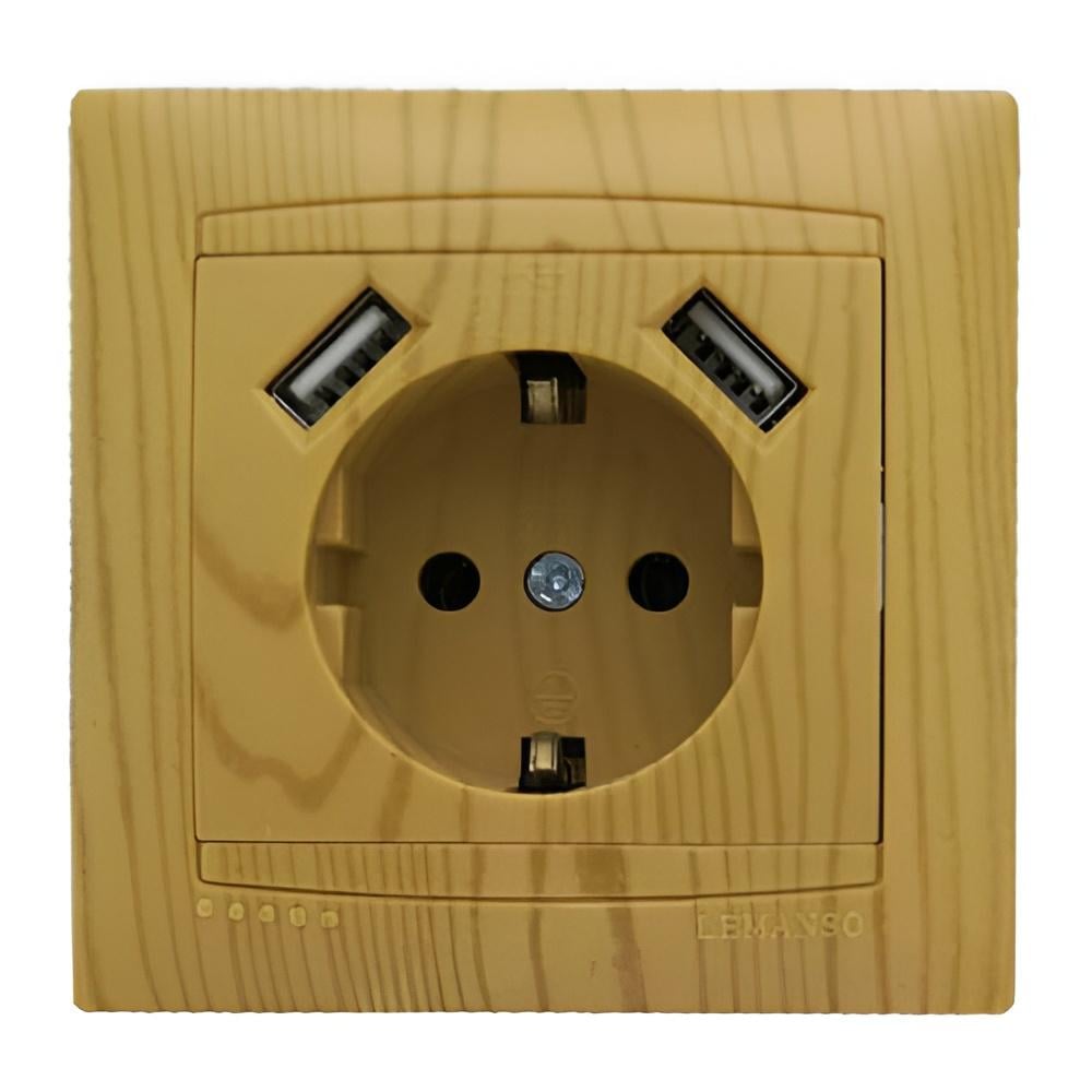 Розетка одинарная Lemanso Сакура с заземлением с 2-мя USB Ольхой (LMR1431)