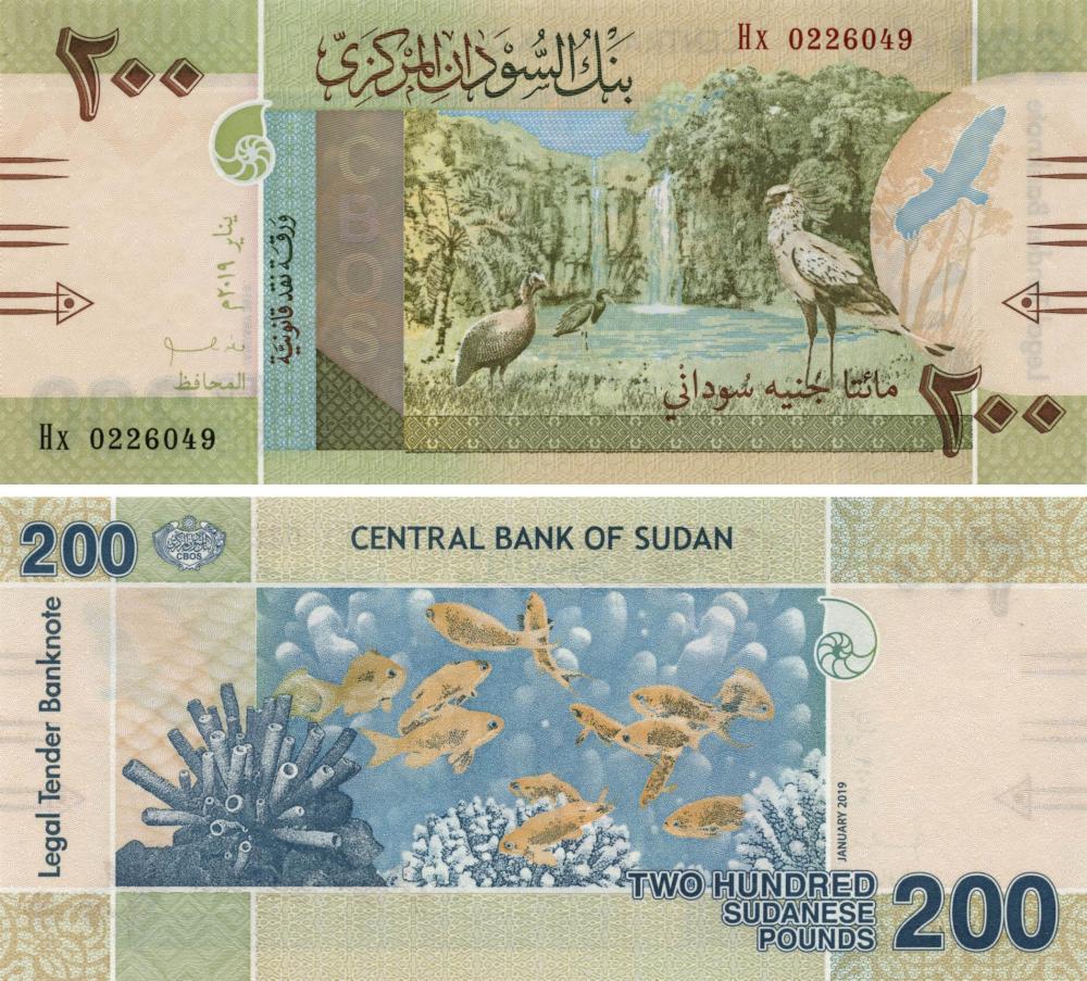 Коллекционная банкнота Судан 200 фунтов 2019 UNC Птицы Рыбки Pnew (Б10646)