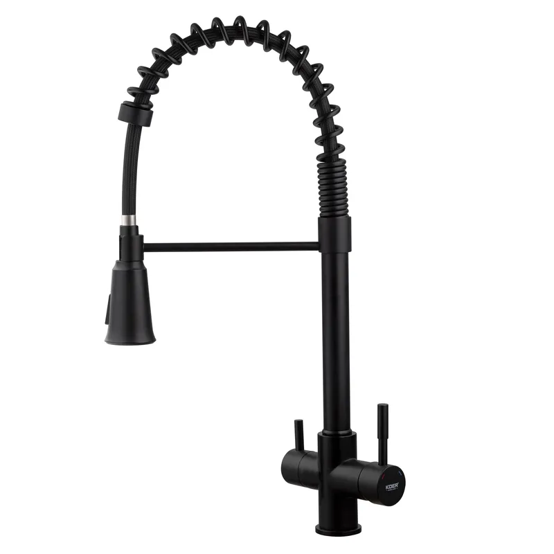 Смеситель для кухни KOER KB-72025-05 с высоким гибким изливом с выходом для питьевой воды излив пружина Черный (OL-KR5015)