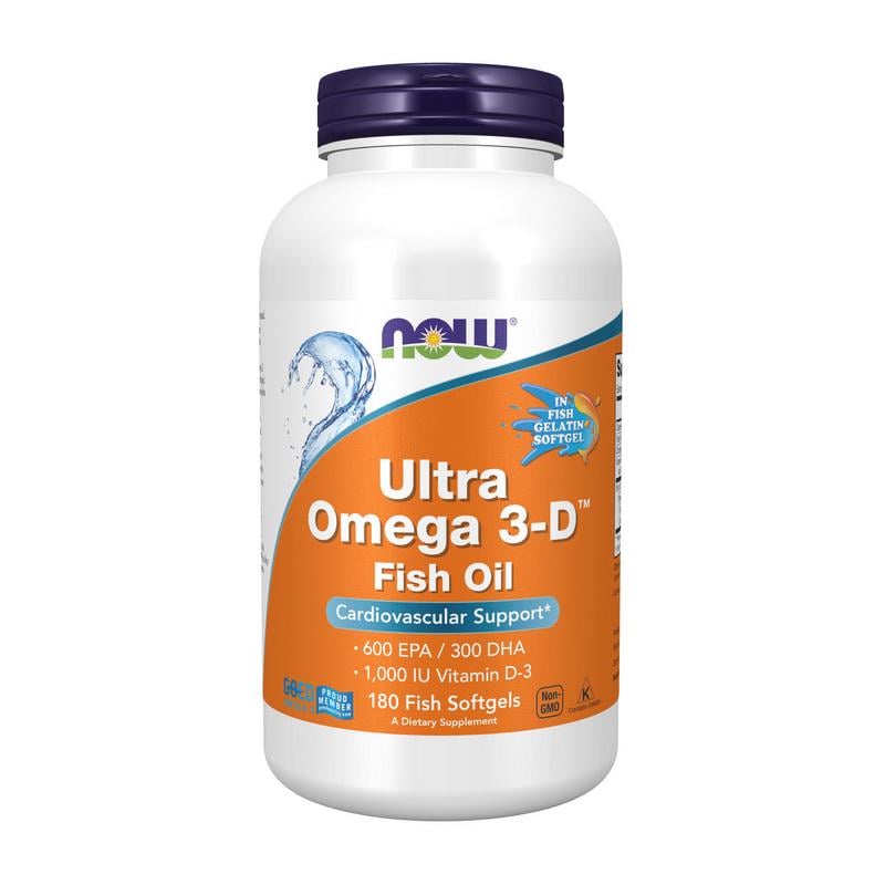 Омега-3 з D3 NOW Ultra Omega 3-D EPA 600 мг DHA 300 мг D3 1000 МО з риб'ячого желатину 180 м'яких капс.