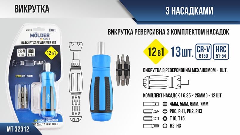 Отвертка реверсивная Molder 12в1 с комплектом насадок (MT32312) - фото 3