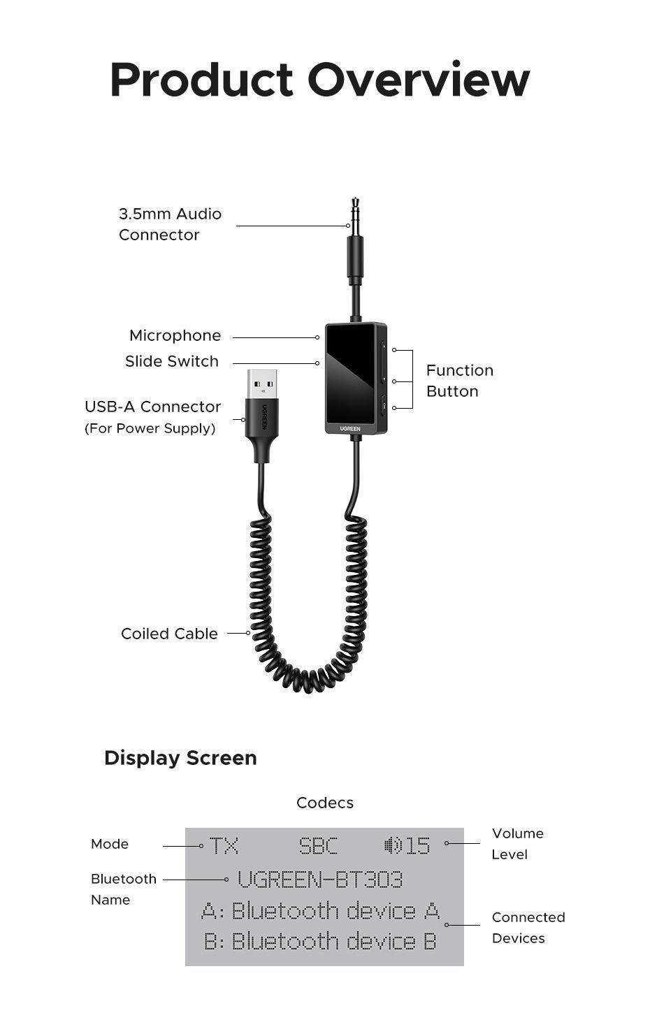 Адаптер аудіо Ugreen Bluetooth 5.4 3.5 мм 0.5-1.5 м (45236) - фото 14
