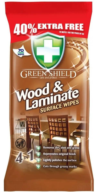 Серветки для поверхонь з дерева та ламінату Green Shield Wood & Laminate Surface Wipes 70 шт.