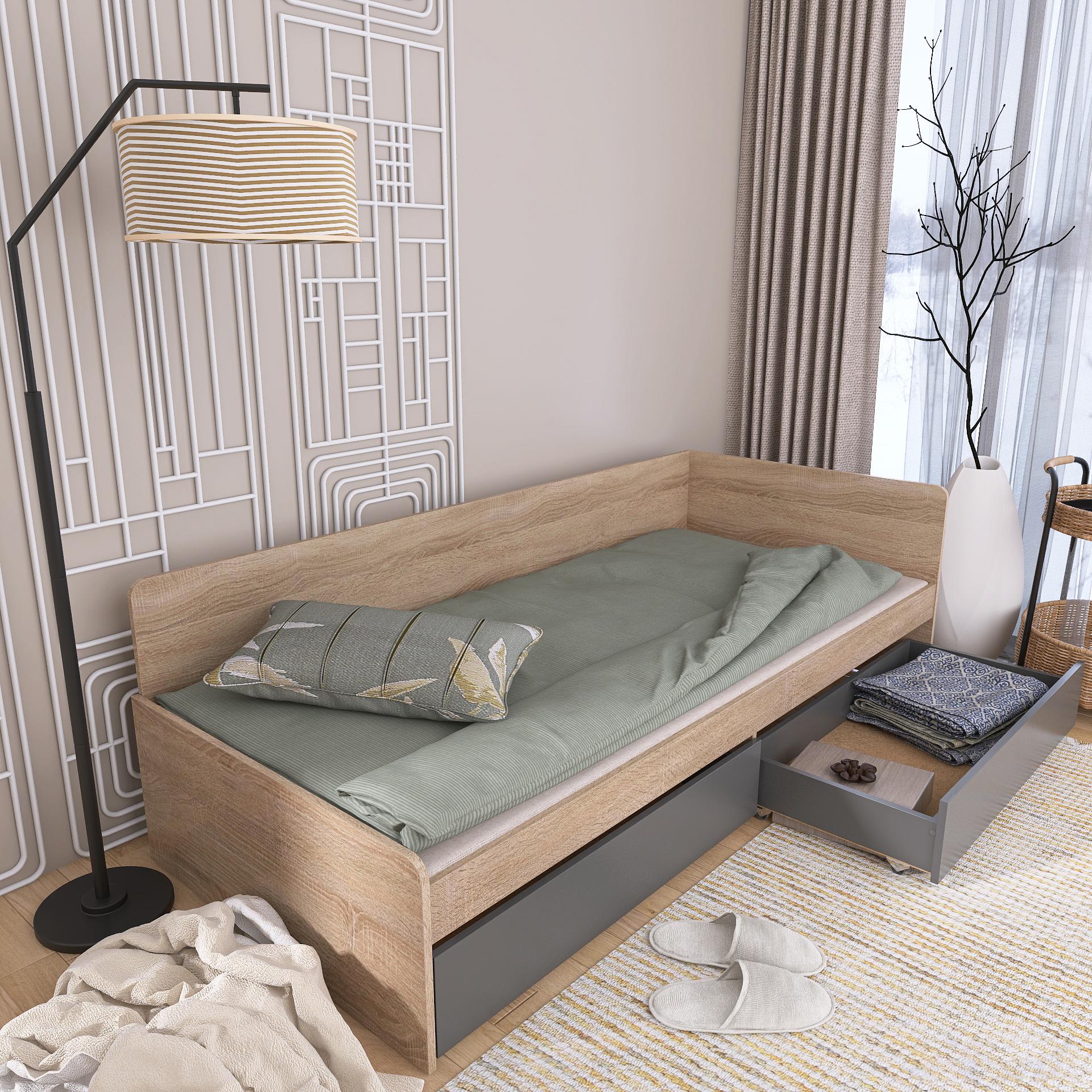 Кровать Эверест Соната 800 с ящиками 194х84х61 см Дуб Сонома/Графитовый (09565)