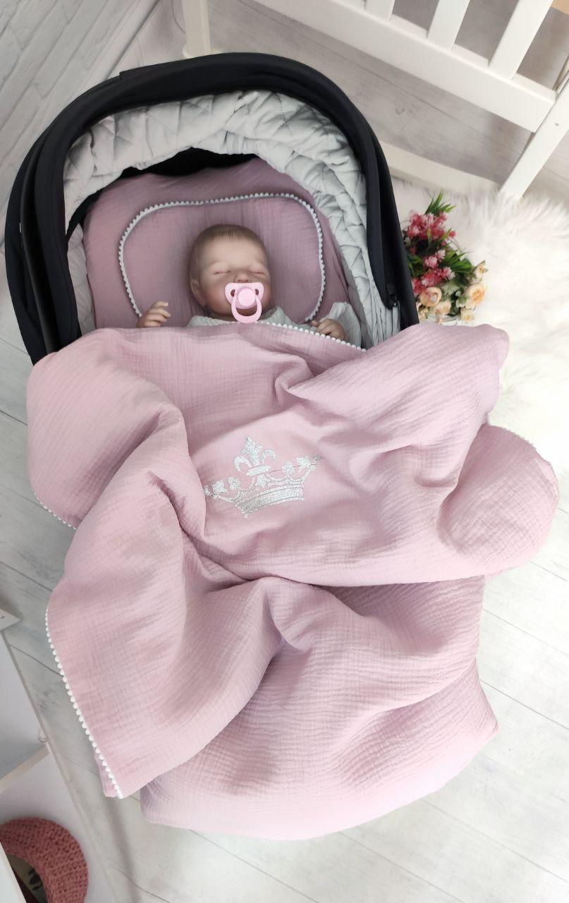 Набор в коляску 3в1 с короной муслин Пудровый (25011126) - фото 1 Набор в коляску 3в1 с короной муслин Пудровый (25011126) - фото 1