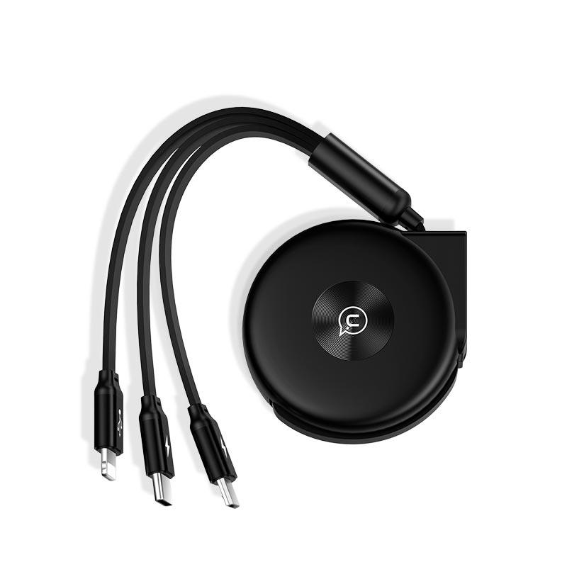 Кабель-рулетка Usams U20 combo MicroUSB+Lightning+Type-C 1м/2А 3в1 Чорний - фото 1