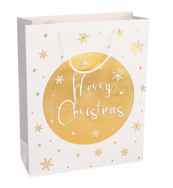 Новогодний пакет Merry Christmas 26x32x10 см ламинированный картон Gold
