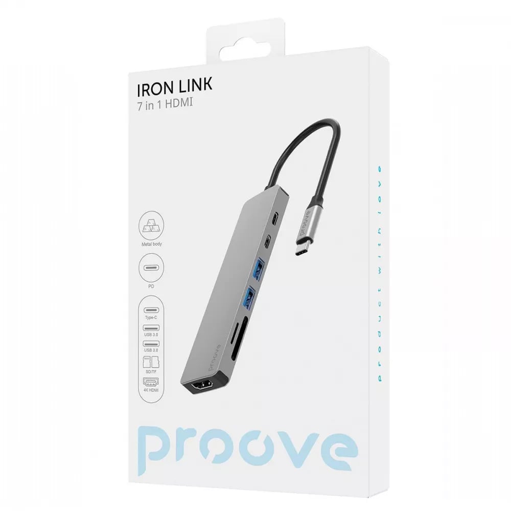 Адаптер USB хаб Proove Iron Link 7in1 2хType-C+2хUSB3.0+HDMI+SD/TF Silver - фото 2