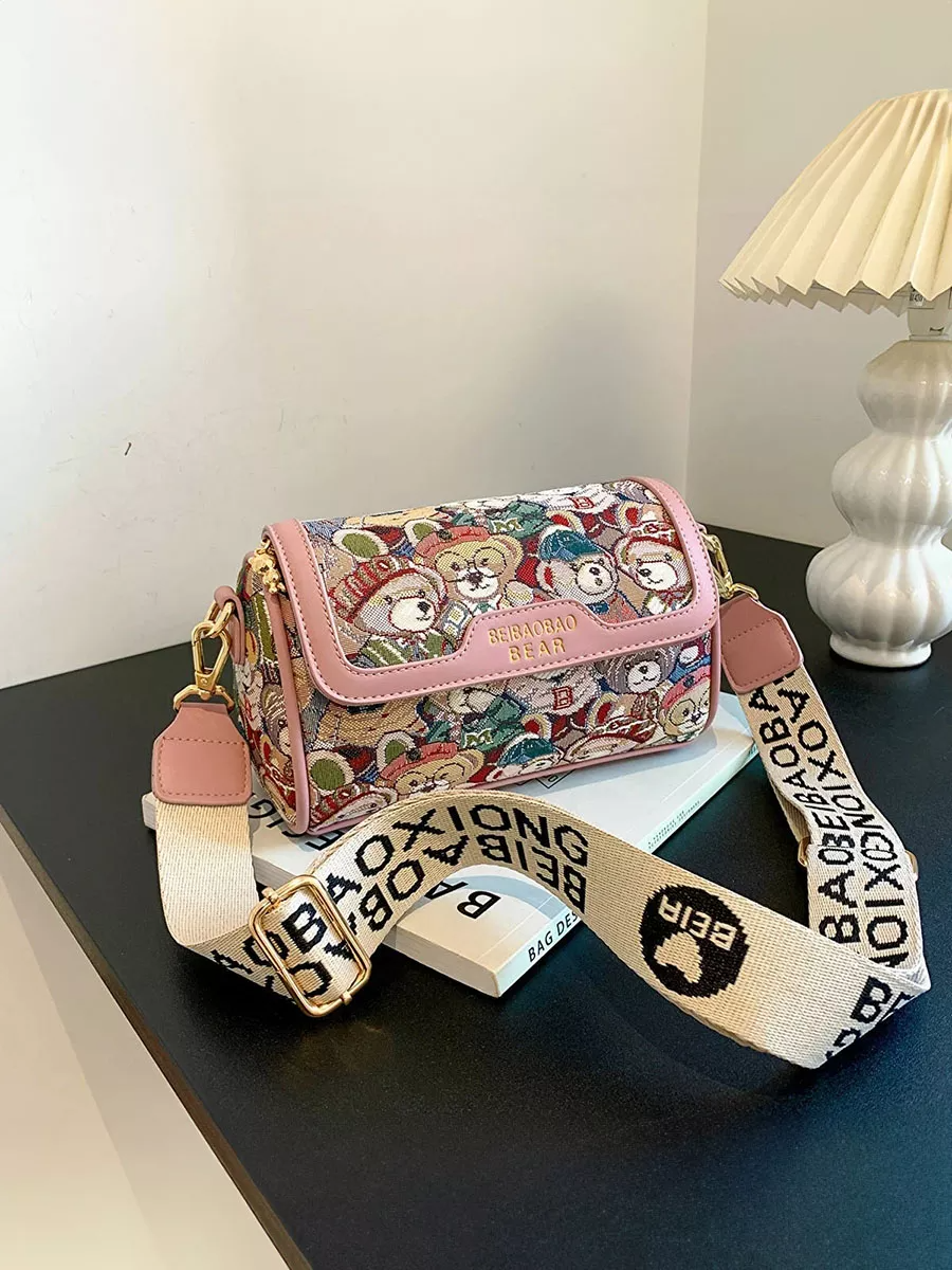 Женская сумка небольшая через плечо с мишками Розовый