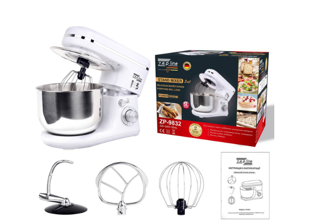 Міксер тістоміс планетарний ZepLine ZP-9832 з металевою чашею 5 л 3500 Вт Білий (ML-04223)