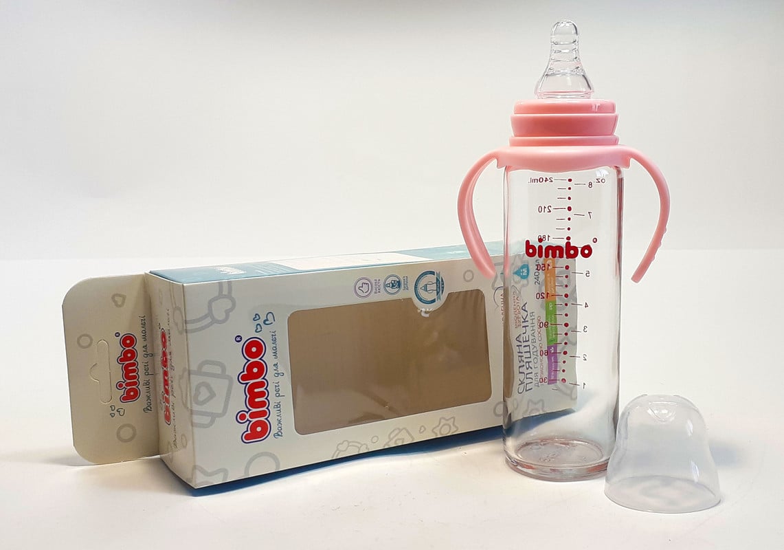 Пляшка для годування Bimbo скляна з ручкою і соскою 240 мл Рожевий