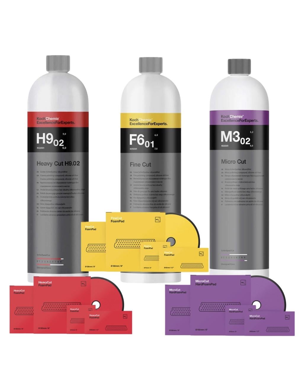 Набор полировальных паст H902 F601 M302 по 1 л круги 125 мм Красный/Желтый/Фиолетовый Набор полировальных паст H902 F601 M302 по 1 л круги 125 мм Красный/Желтый/Фиолетовый