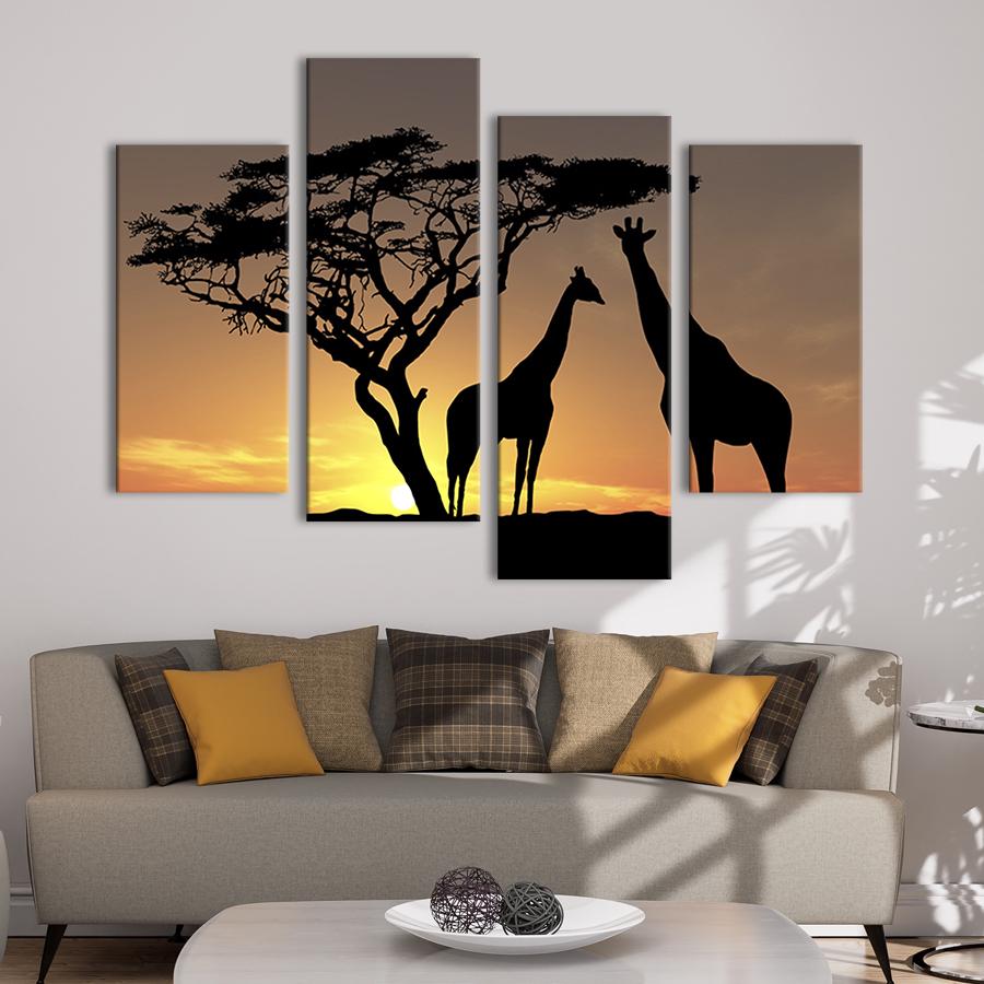 Модульная картина из четырех частей на холсте интерьерная картина Силуэты жирафов 129x90 см (130-42)