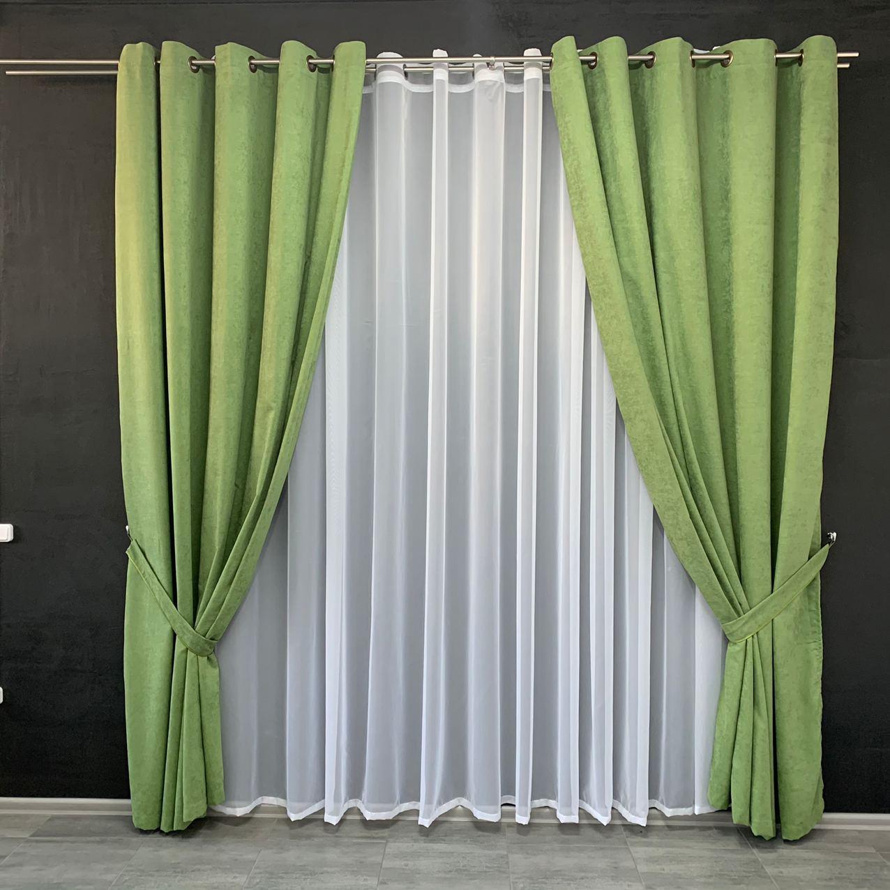 Шторы готовые однотонные микровелюр с шифоновым тюлем на люверсах Зеленый