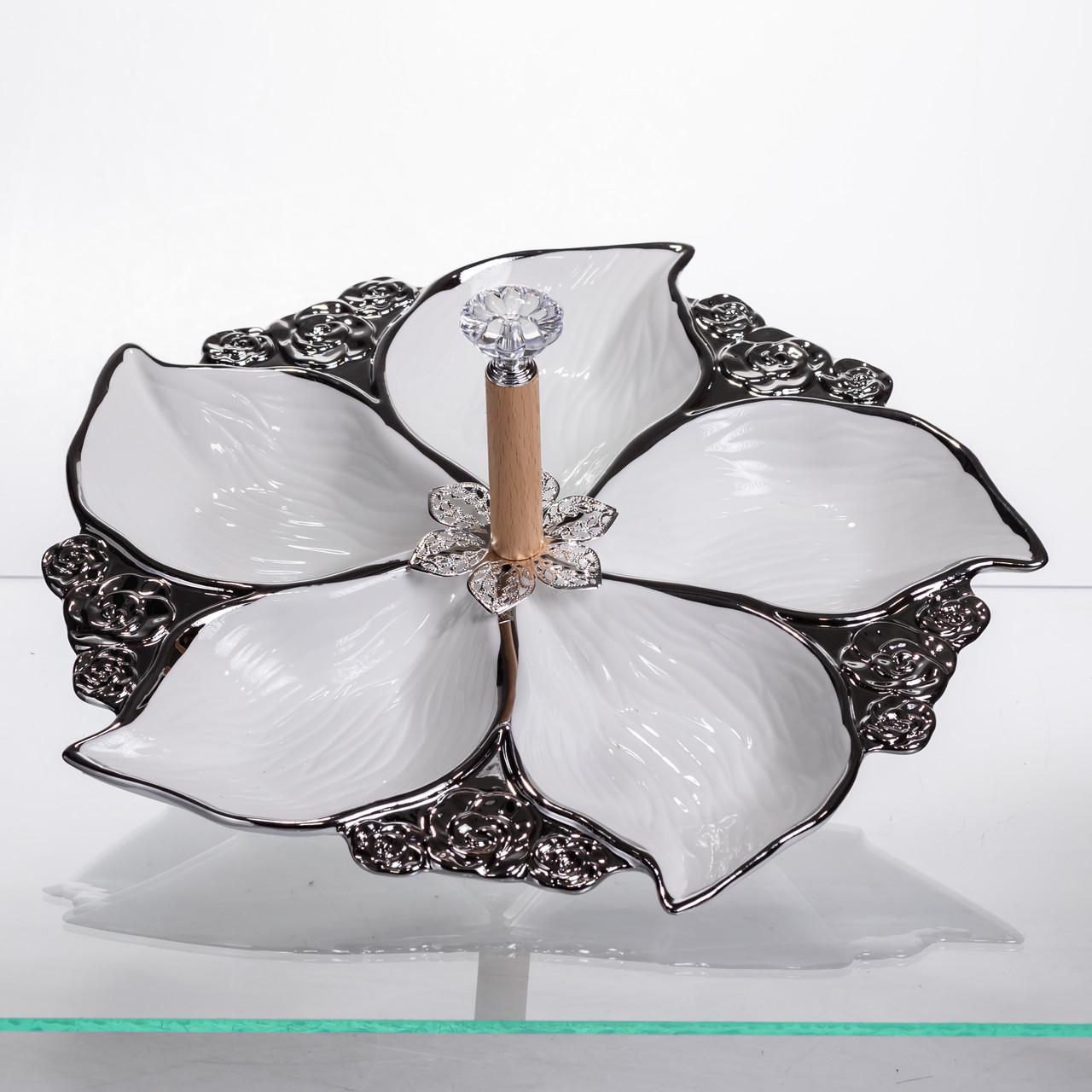 Менажница фарфоровая на 5 секций для закусок 30х30х13 см Белый с серебром (918-44S) Менажница фарфоровая на 5 секций для закусок 30х30х13 см Белый с серебром (918-44S)