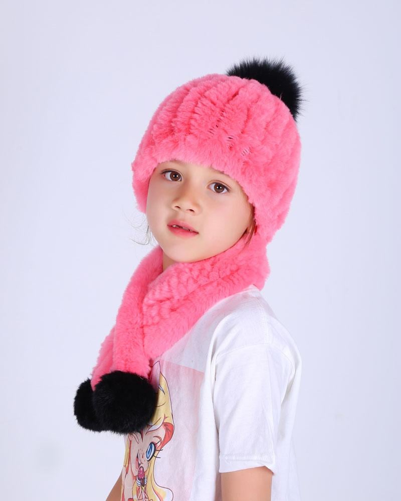 Дитячий зимовий комплект REX шапка з помпоном та шарф з натурального хутра кролика Рожевий (1311)