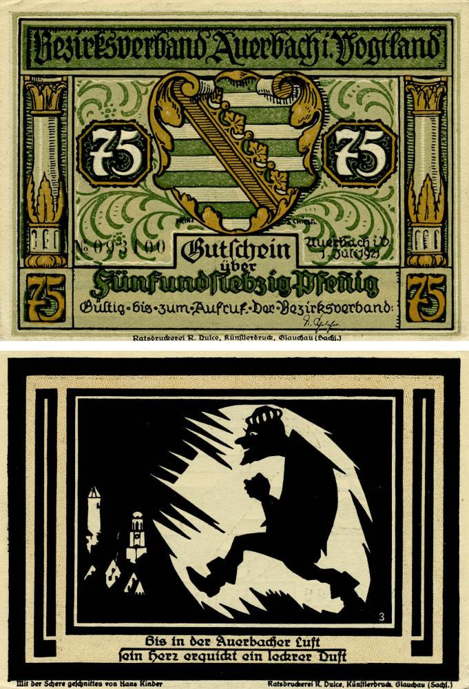 Коллекционная банкнота Германия Нотгельд 75 пфеннигов 1921 F-VF Ауэрбах Разновидность 3 (Б18620)
