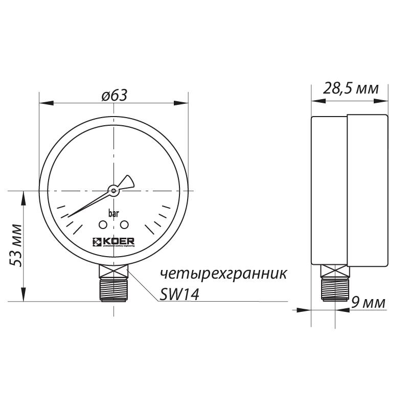 Манометр давления воды KOER KM.610R KR0203 с нижним подключением на 4 бар 1/4" Ø 63 мм (81424) - фото 2