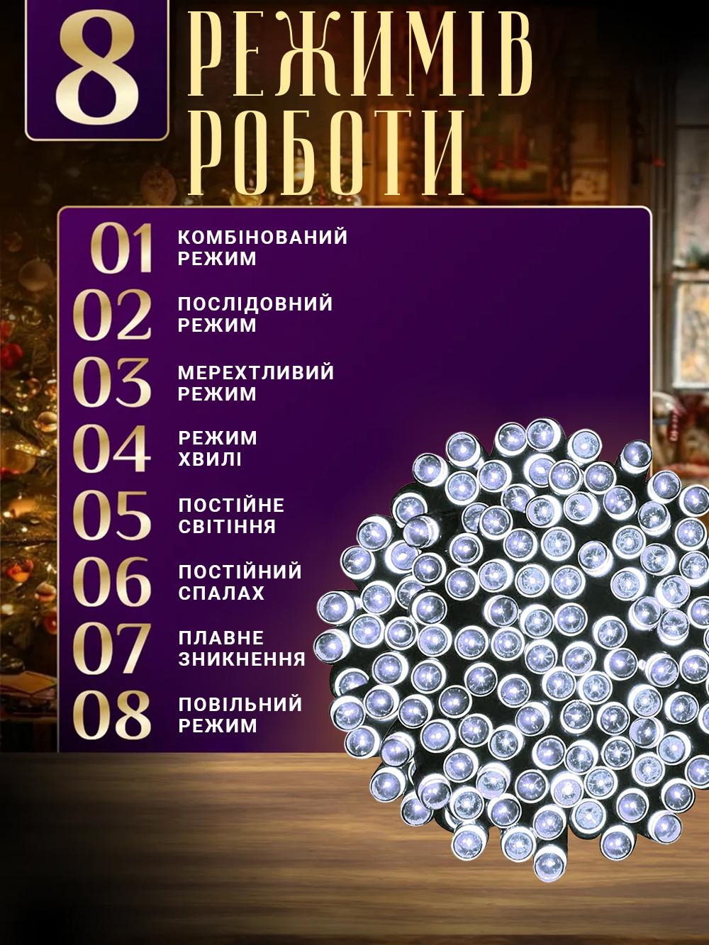 Гірлянда на сонячній панелі акумуляторна FOYU F52 LED 8 режимів роботи 100 ламп 10 м Білий (07870430) - фото 7