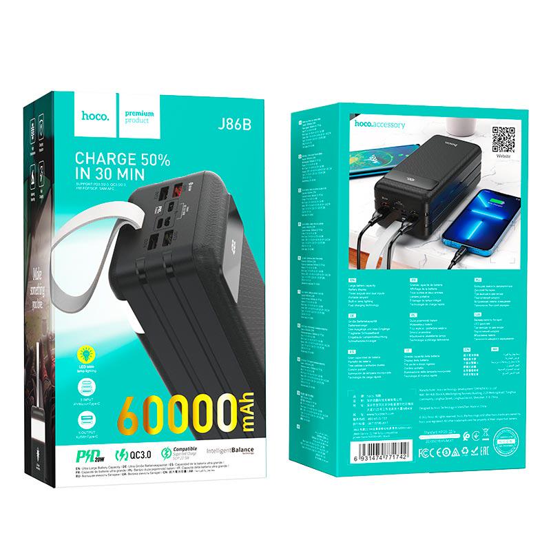 Портативна батарея Hoco Electric fully J86B 60000 mAh 4USB/Lightning/Type-C PD/QC 20W/5A Black - фото 4