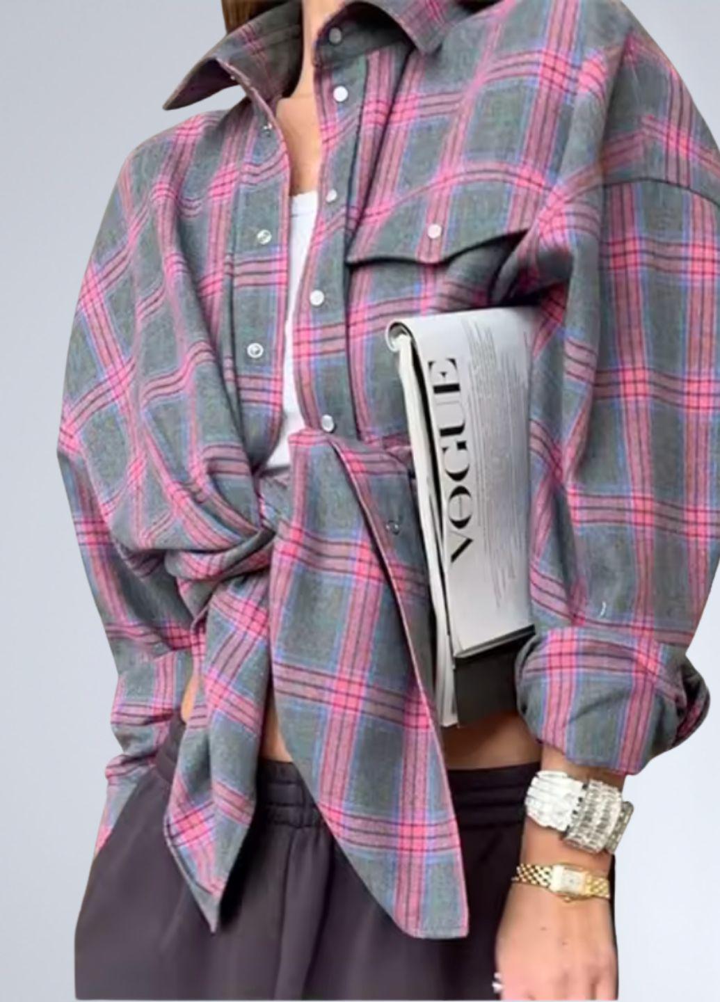 Рубашка женская Oversize в клетку на кнопках G&N 18200 L Серый/Розовый