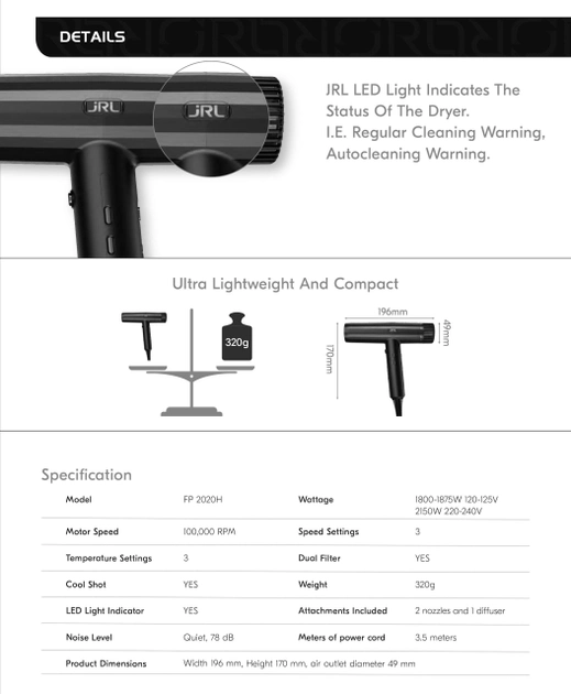 Фен JRL Forte PRO 2200W 10000 об/хв Чорний - фото 4