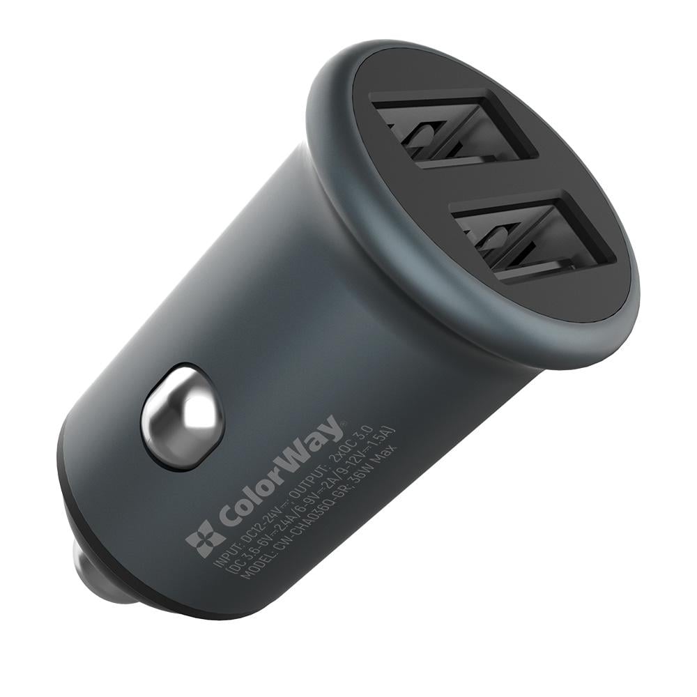 Зарядний пристрій автомобільний ColorWay 2 USB Quick Charge 3,0 36 Вт Grey (CW-CHA036Q-GR)