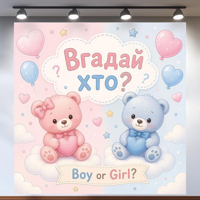 Фотозона на Гендер пати Угадай кто Boy or Girl с розовым и голубым мишками 160x160см, №48551